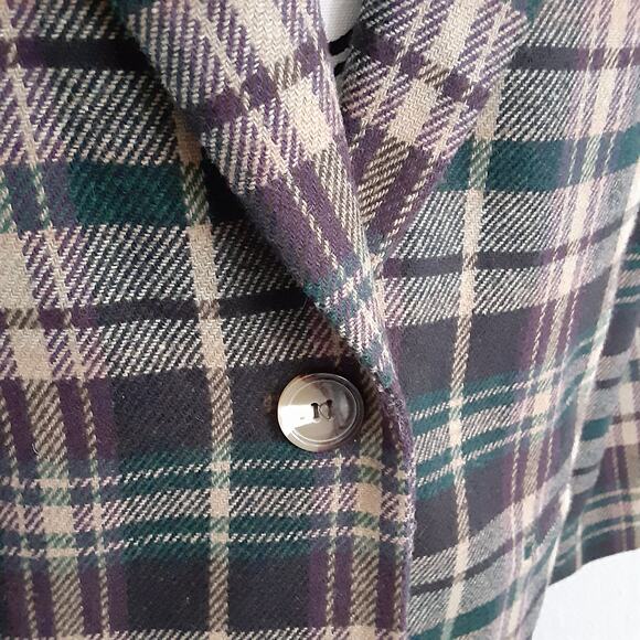 Vintage 1980s Wool Blend Blazer Jacket Tartan Plaid Green Purple Oversized Sz 16 - Picture 3 of 8